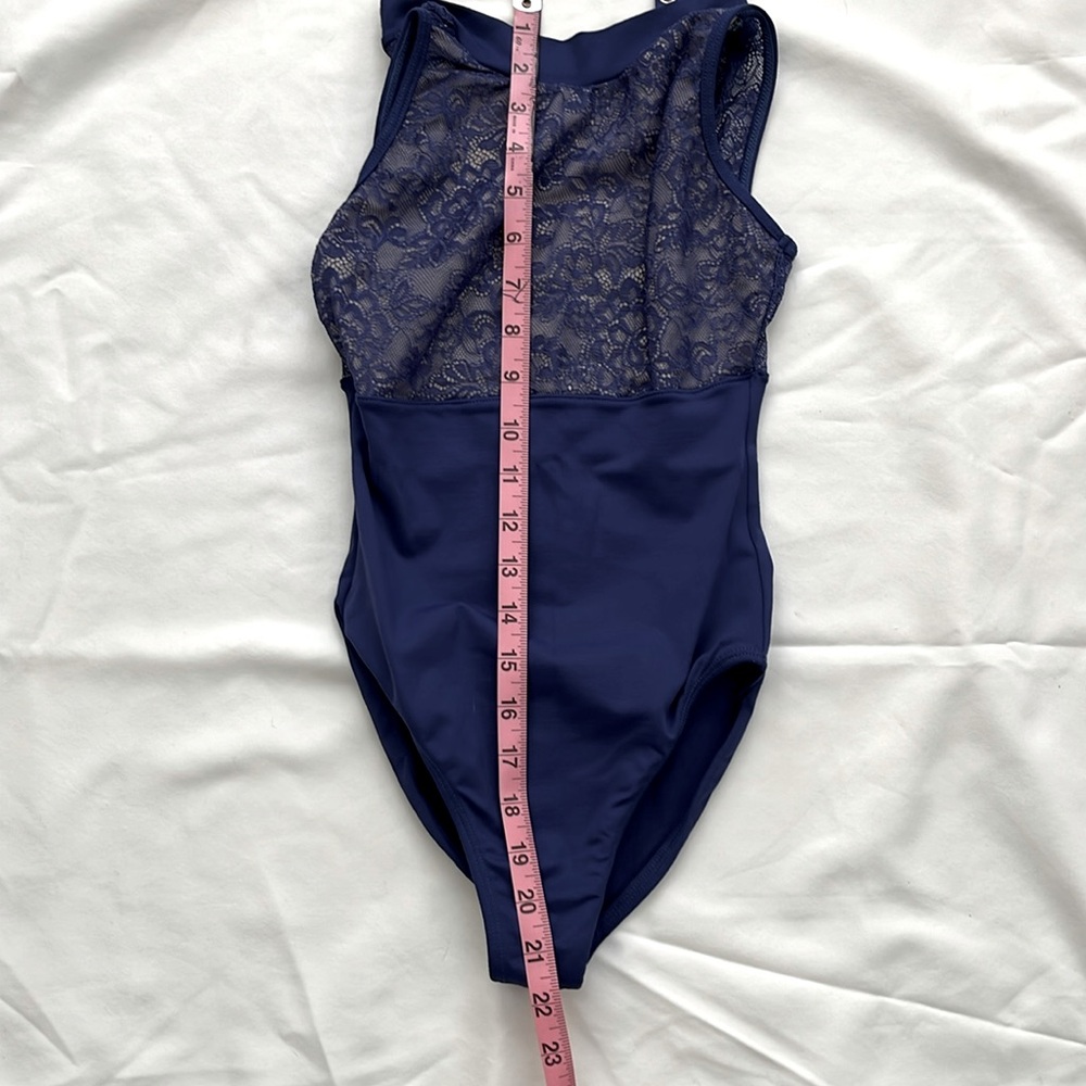 Natalie couture blue dance leotard. Fully lined in front. LC. 22” top to bottom